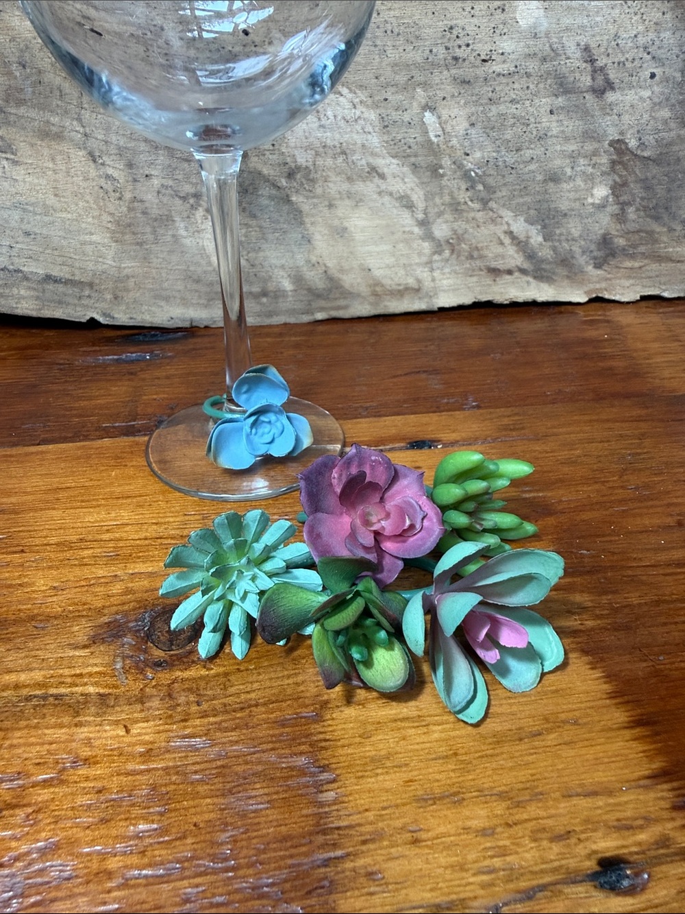 🍷 Artificial Succulent Wine Glass Charm Set in Green, blue and purple Set of 6